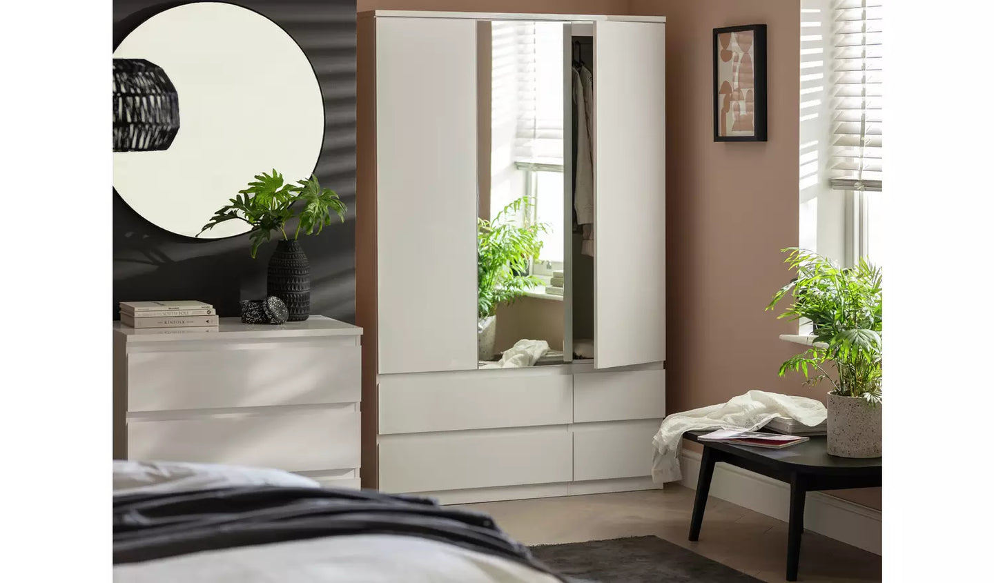 Jenson 3 Door 4 Drawer Mirror Wardrobe - White Gloss